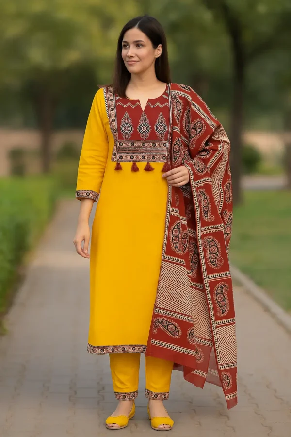 Bright Yellow Kurta Set with Maroon Yoke and Printed Dupatta