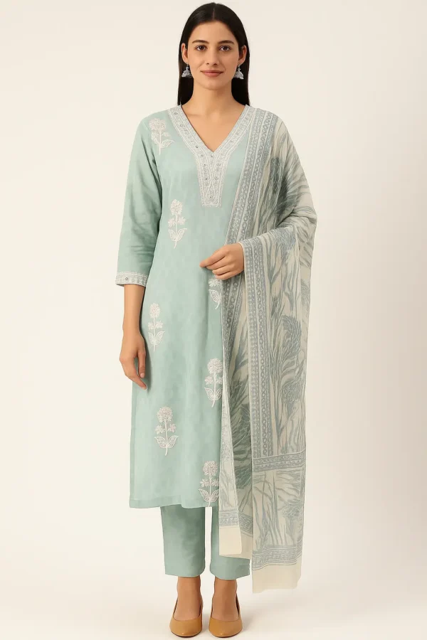 Powder Blue Straight Kurta Set with Ivory Printed Dupatta