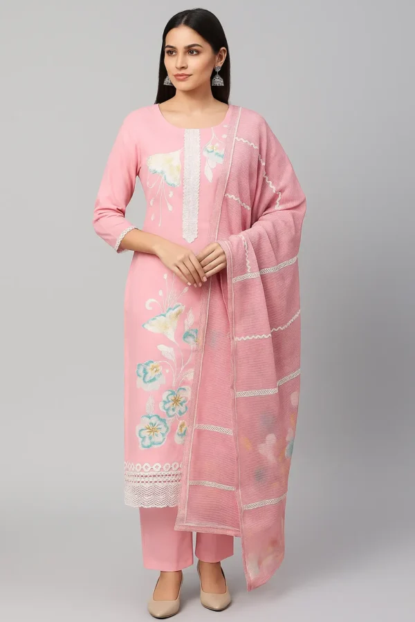 Blush Pink Floral Embroidered Kurta Set with Striped Dupatta