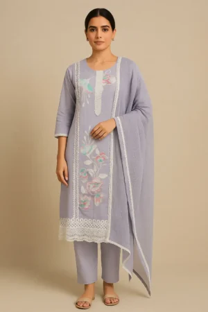 KPD-96 Dusty Lavender Floral Kurta Set with Lace Detailing & Dupatta