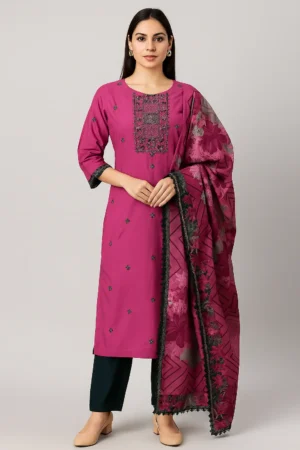 KPD-97 Magenta Embroidered Kurta Set with Black Dupatta