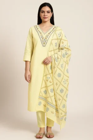 KPD-98 Pastel Yellow Embroidered Kurta Set with Floral Dupatta