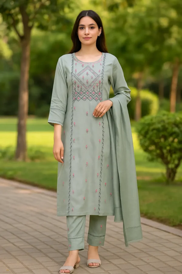 Soft Green Embroidered Kurta Set with Solid Dupatta