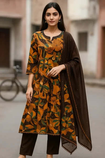 Kurta Pant Dupatta-10-1 Brown Floral Printed Anarkali Kurta Set with Solid Pants and Dupatta
