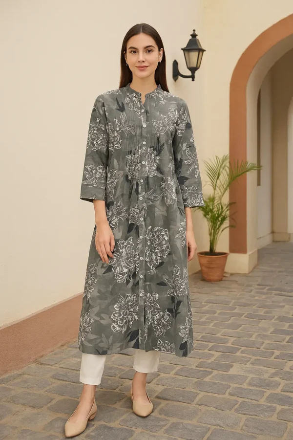 Charcoal Grey Floral Button-Down Kurta