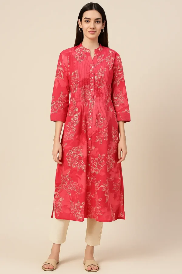 Bold Red Floral Cotton Pintuck Kurta