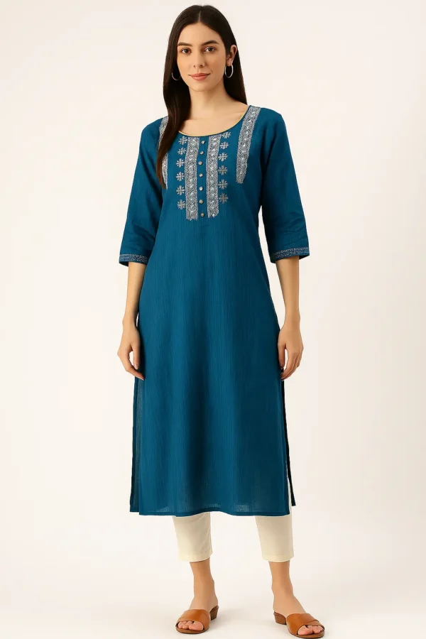 Teal Embroidered Straight Cotton Kurta