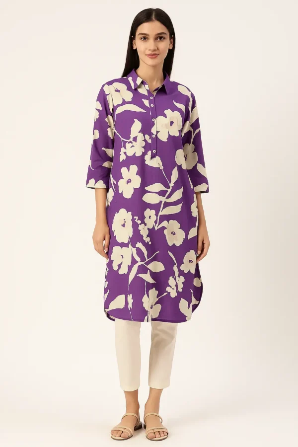 Purple & White Bold Floral Straight Kurta