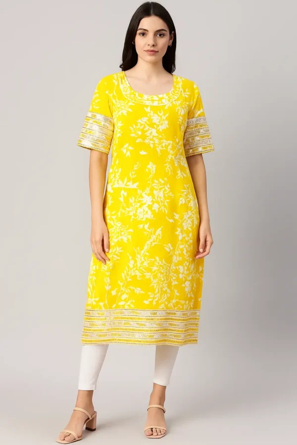 Bright Yellow Floral Embroidered Straight Kurta