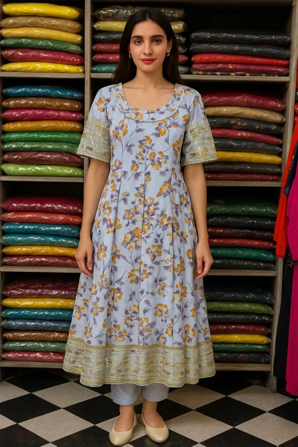 Pastel Blue Floral Anarkali Kurta with Embroidered Lace Details