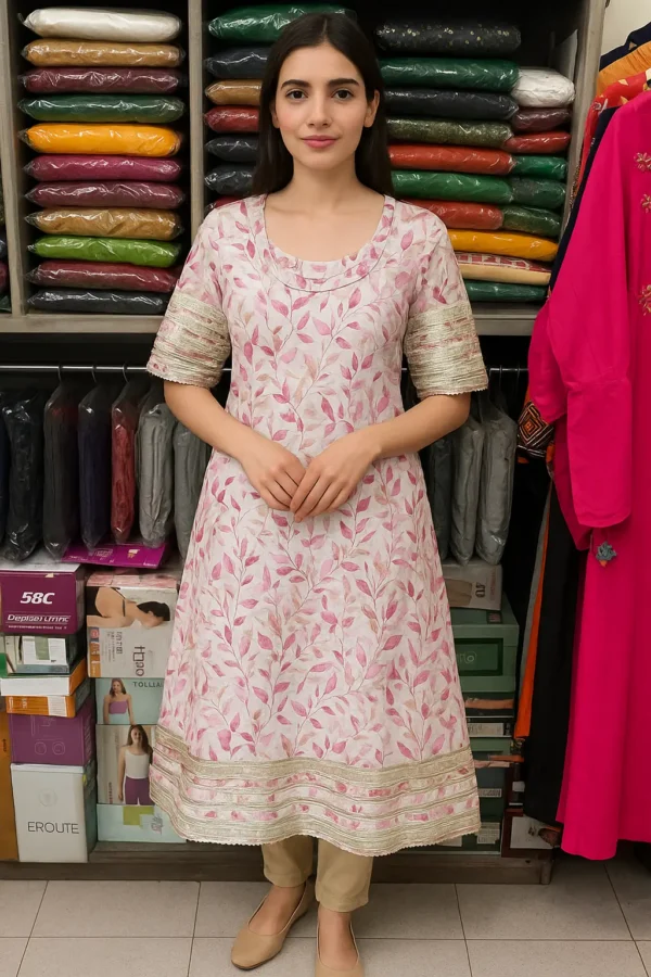 Blush Pink Leaf Printed Anarkali Kurta with Golden Lace Detailing