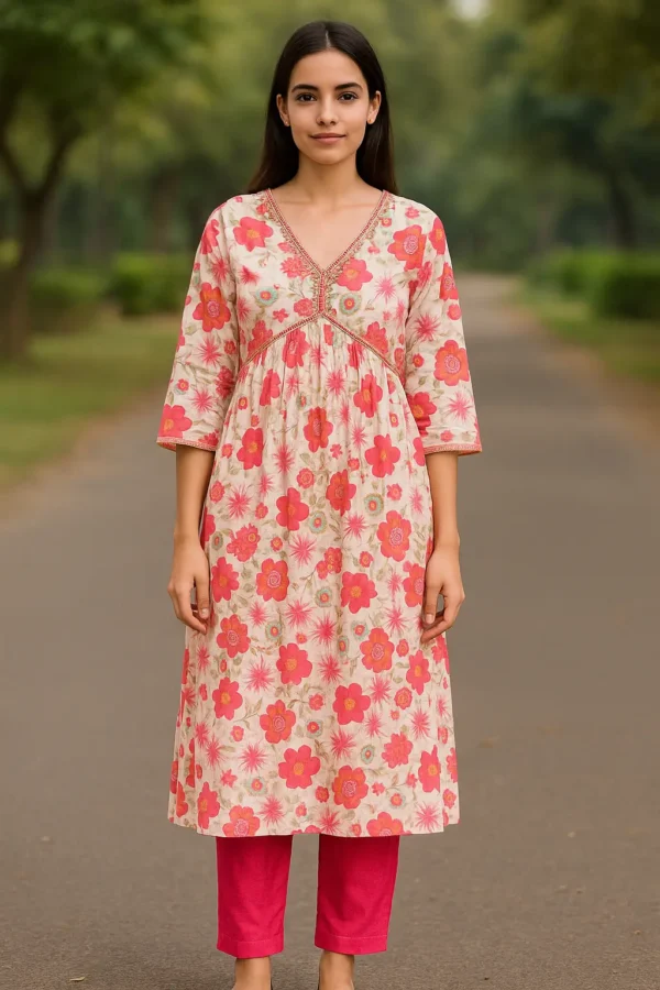 Cream and Pink Floral Empire-Line Kurta with Gota Detailing