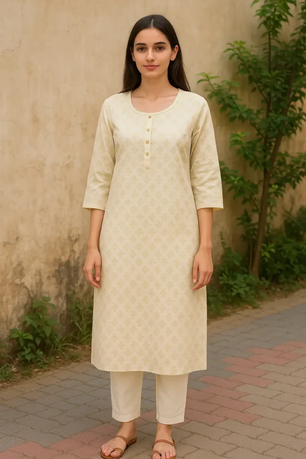 Beige Printed Straight Cotton Kurta