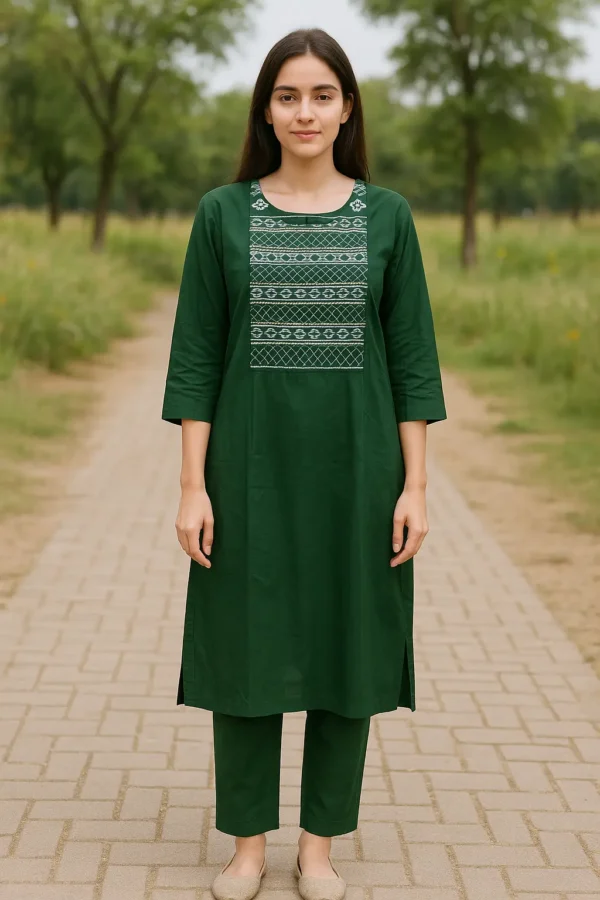 Dark Green Ethnic Yoke Cotton Kurta Set