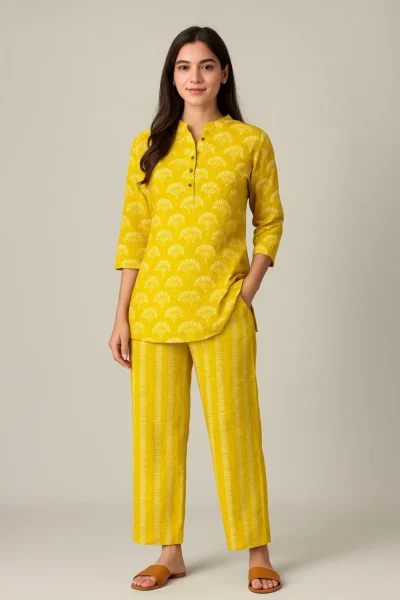 CRD-79-1 Yellow Printed Cotton Co-ord Set