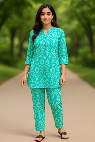 CRD-80-1 Turquoise Printed Cotton Co-ord Set