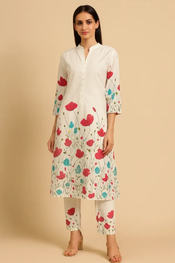 White Floral Print Co-ord Set with Red & Blue Accents
