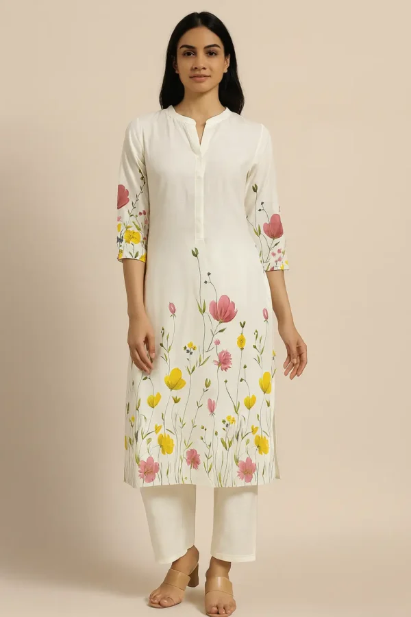Ivory Floral Printed Co-ord Set – Yellow & Pink Blossom