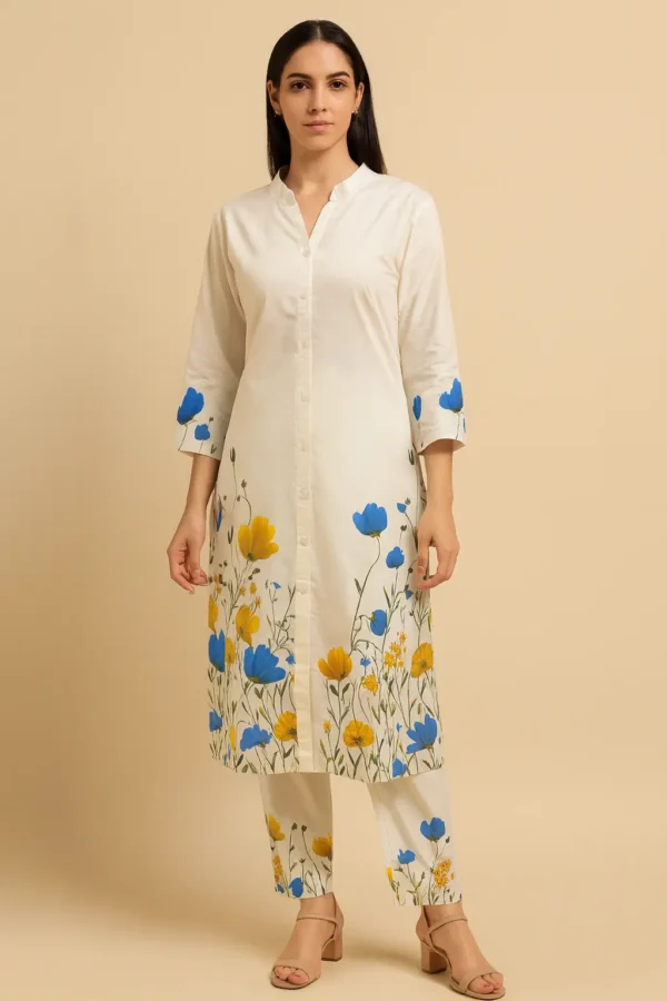 White Floral Co-ord Set – Blue & Yellow Bloom