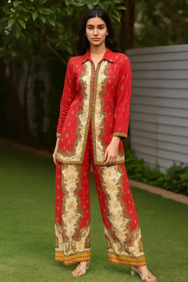 Elegant Red Crepe Printed Co-Ord Set