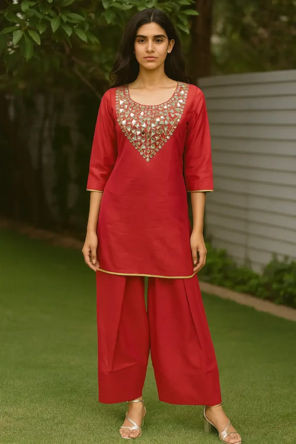 Roman Silk Mirror Work Kurta with Palazzo Set