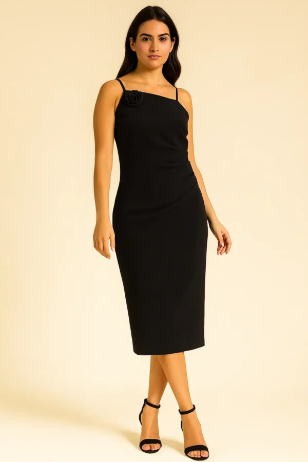 Black One-Shoulder Rose Detail Bodycon Dress