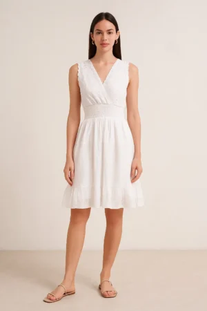 White Cotton Schiffli Sleeveless Summer Dress - Free Size
