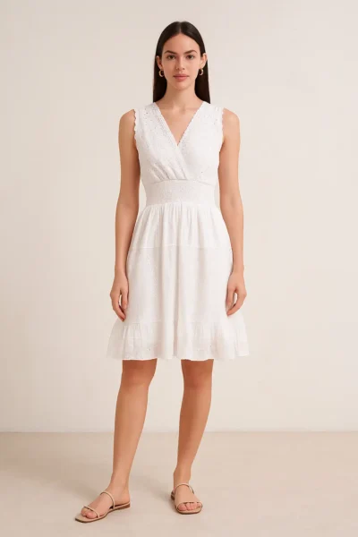DRS-62-1 White Cotton Schiffli Sleeveless Summer Dress