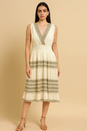Beige Cotton Sleeveless Lace Panel Dress - Free Size