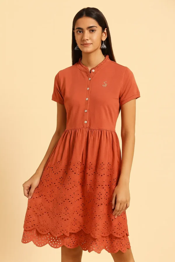 Rust Orange Cotton Short Dress with Embroidered Hem