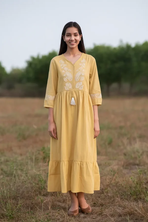 Mustard Yellow Cotton Midi Dress with Embroidery