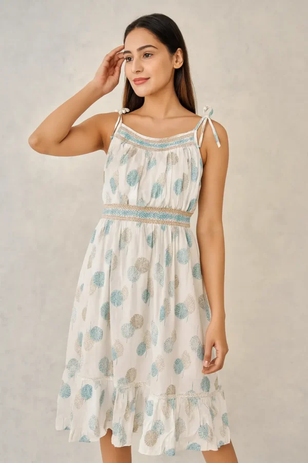 White & Blue Leaf Print Sleeveless Cotton Dress