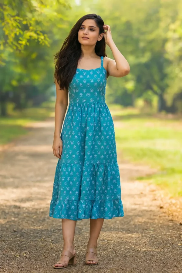 Blue Floral Printed Strappy Dress