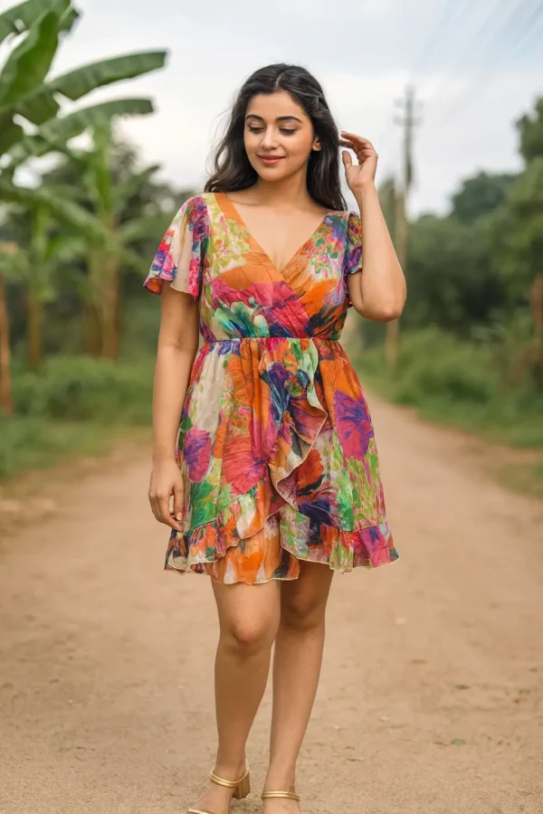 Multicolor Satin Floral Wrap Dress