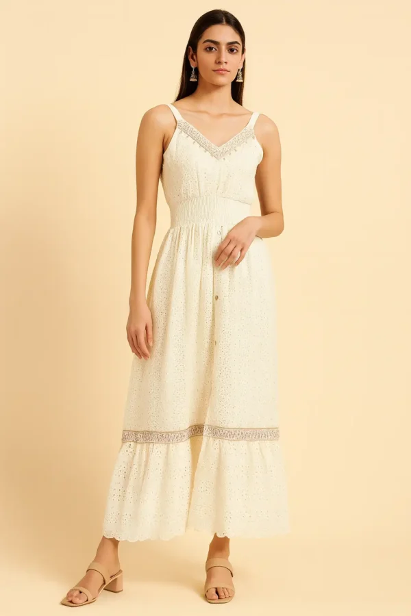 Ivory Sleeveless Embroidered Maxi Dress