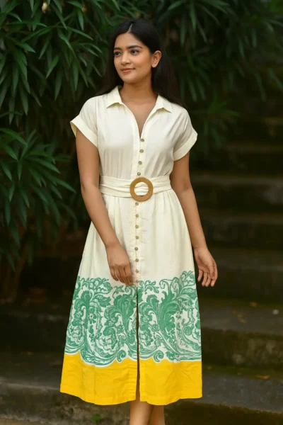 DRS-73-1 Belted Shirt Collar Maxi Dress with Printed Hem