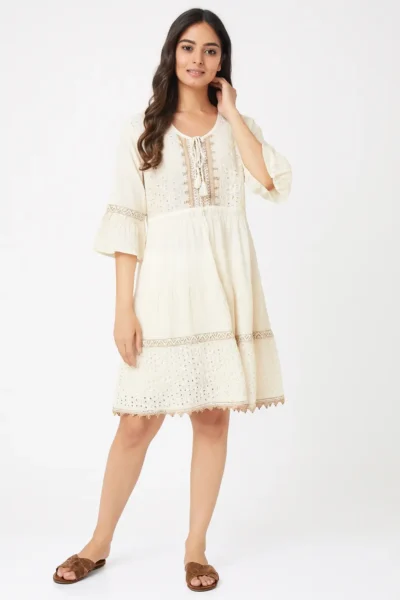 DRS-75-1 Ivory Embroidered Cotton Short Dress