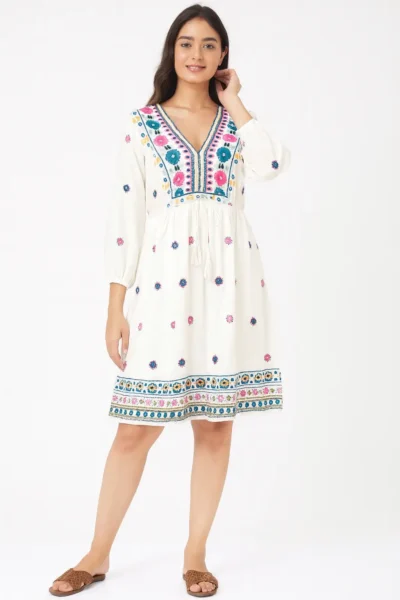 DRS-78-1 White Embroidered V-Neck Cotton Dress