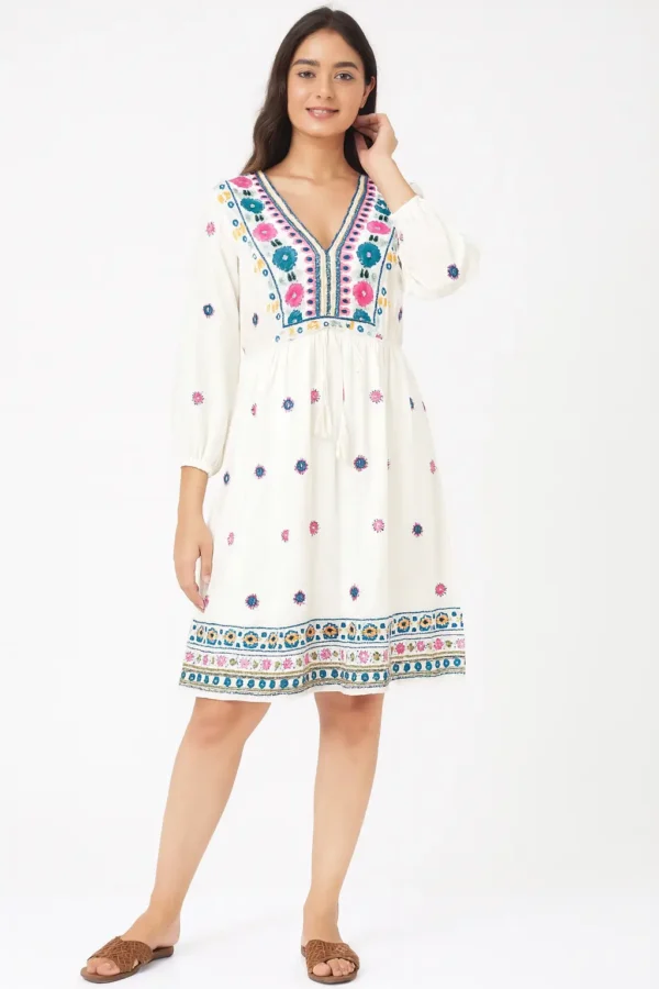 White Embroidered V-Neck Cotton Dress
