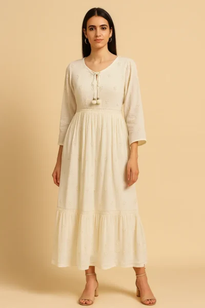 DRS-79-1 Elegant White Maxi Dress with Subtle Embroidery