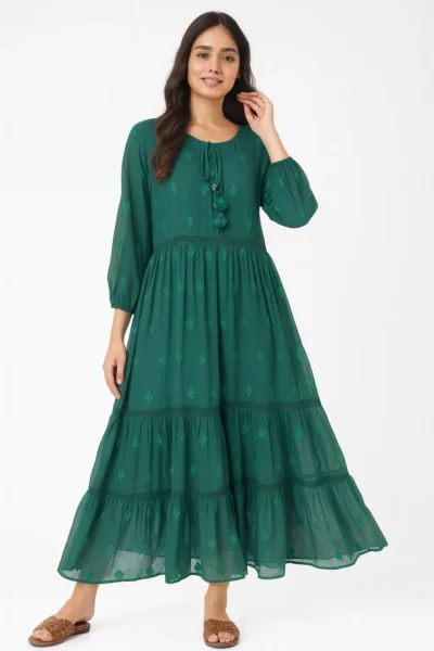 DRS-80-1 Elegant Green Tiered Maxi Dress with Sequin Embroidery