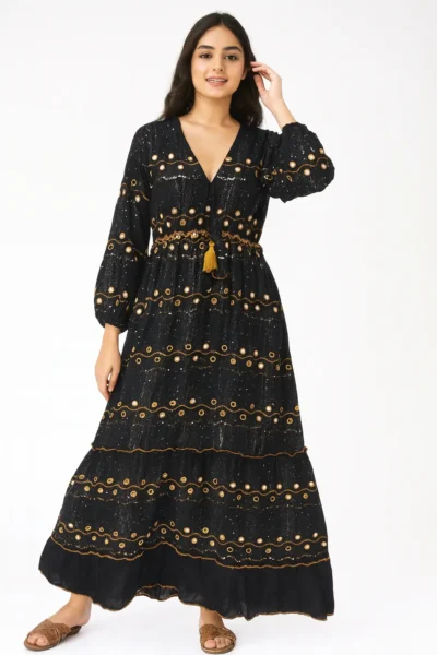 DRS-81-1 Black Mirror Work Maxi Dress with Gold Accents