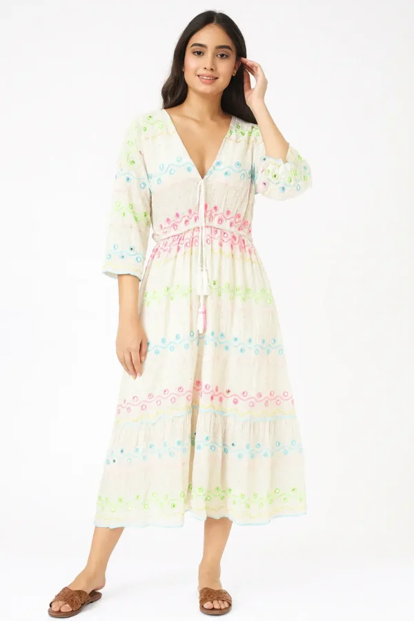 Beige Multi-Color Embroidered Long Dress