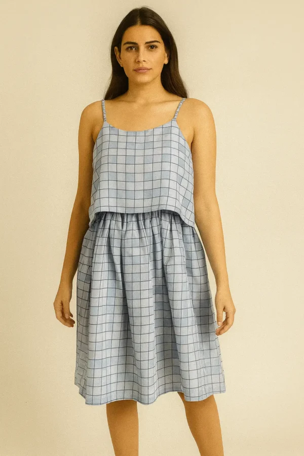 Blue Checkered Sleeveless Midi Dress