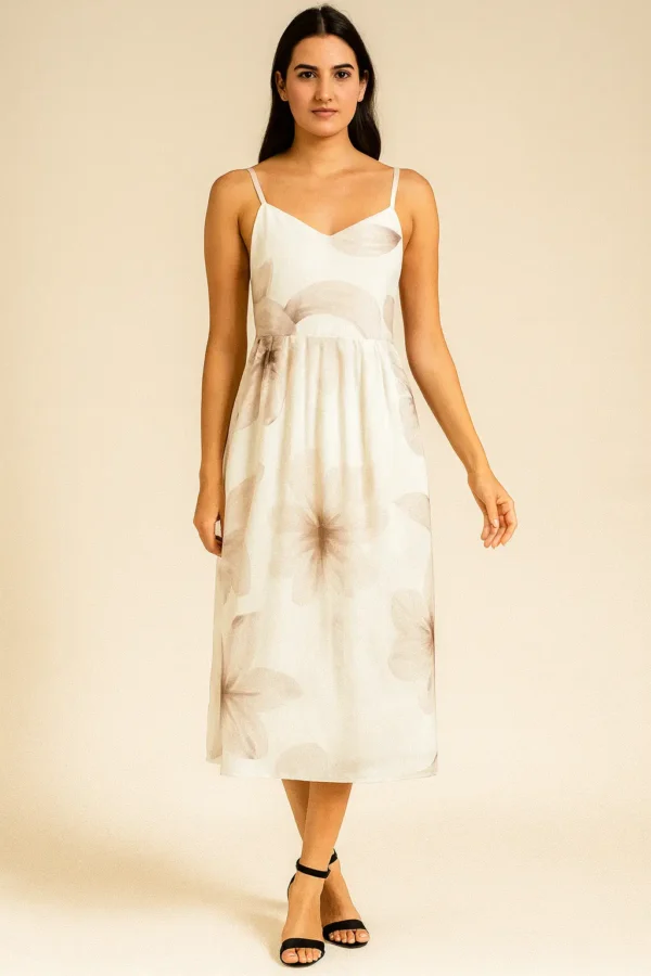 Beige Floral Spaghetti Strap Midi Dress