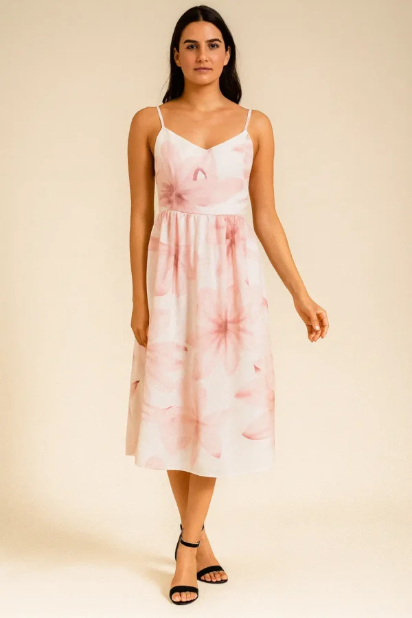 Elegant Pink Floral Spaghetti Strap Midi Dress