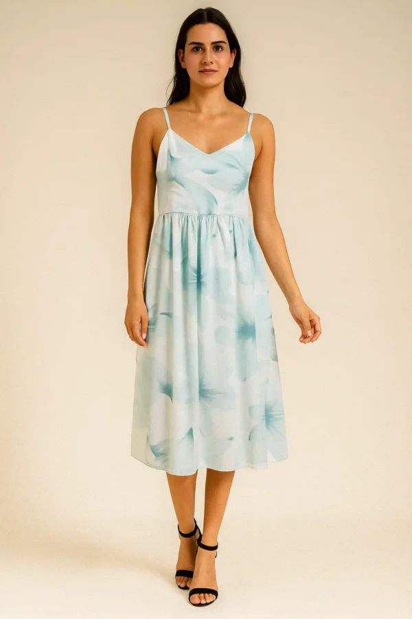 Sky Blue Floral Spaghetti Strap Maxi Dress