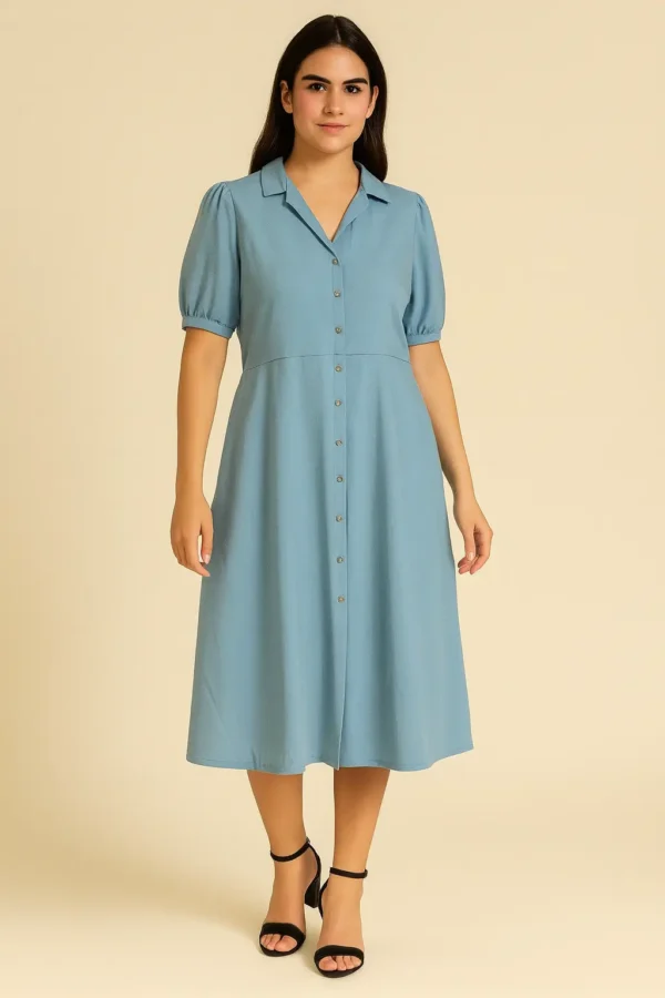 Sky Blue Button-Down Midi Dress with Puff Sleeves