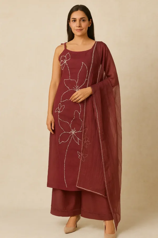 Maroon Vatican Silk Embroidered Suit Set with Shoulder Tie-Knots & Dupatta