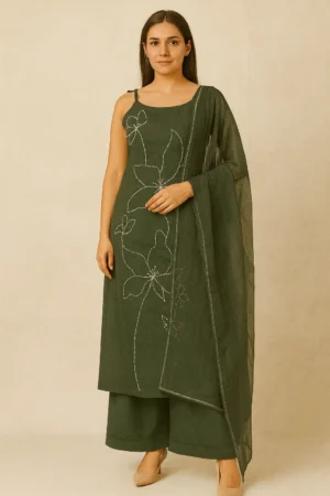 KPD-118-1 Green Vatican Silk Embroidered Suit Set with Shoulder Tie-Knots & Dupatta